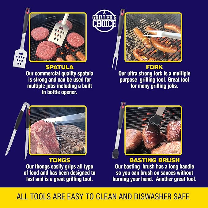 Grillers Choice -Grill Accessories for Outdoor Grill-4 pc -Grilling Tools. Commercial Professional Barbecue Set. Heavy Duty and Strong. BBQ Thongs, Fork, Spatula, Baster by Grillers Choice