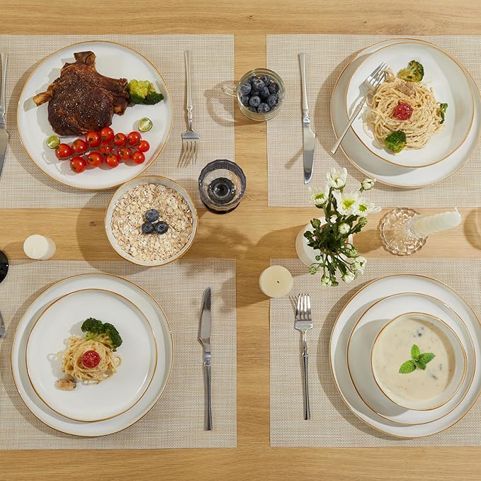 Pokini Dinnerware Set for 4, Ceramic Dish Set, Plate and Bowl Set, Microwave & Dishwasher Safe Dishware Set, Chip & Scratch Resistant Dinner Sets, Irregular Edge Design, White