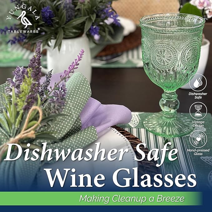 Yungala Green Wine Glasses Set of 6 Vintage Hobnail Goblets 10 oz Dishwasher Safe