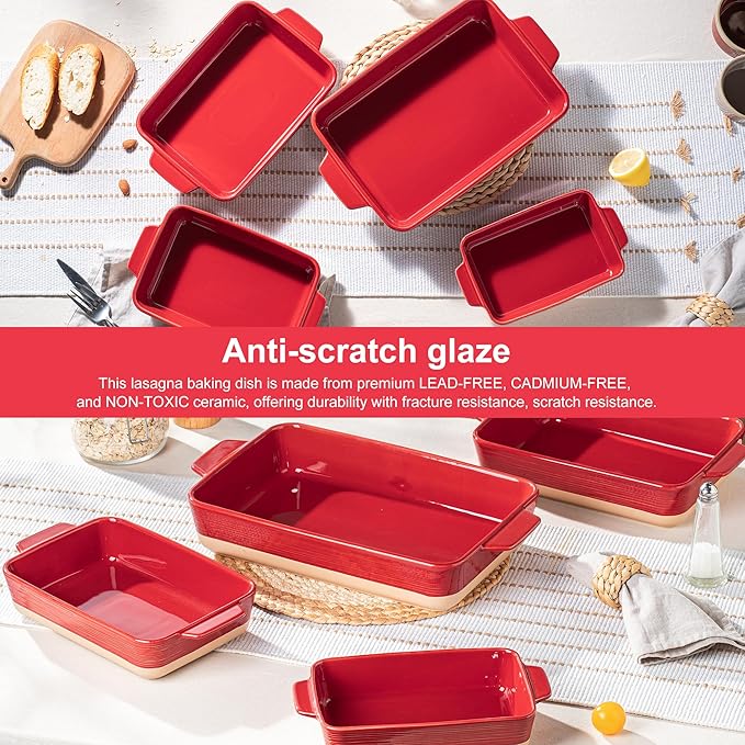 Dafuceramic Casserole Dishes for Oven, Baking Dishes, Ceramic Bakeware Sets of 4, Rectangular Baking Pan Set with Handles for Baking, Casserole, Kitchen, Wedding Gift (Red Yellow)