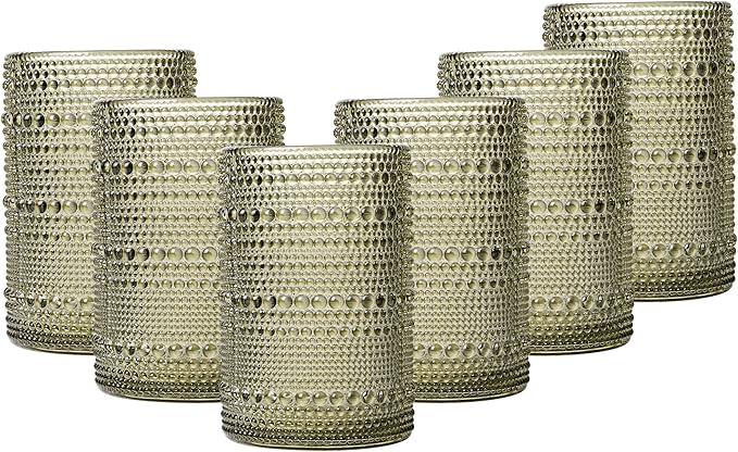 JOVGANK Green Vintage Hobnail Drinking Glasses Set of 6, Water Tumbler 15oz, Kitchen & Bar Beaded Highball Glasses, Beverage Glass Cups for Water, Beer, Juice, Housewarming and Mother's Day Gift
