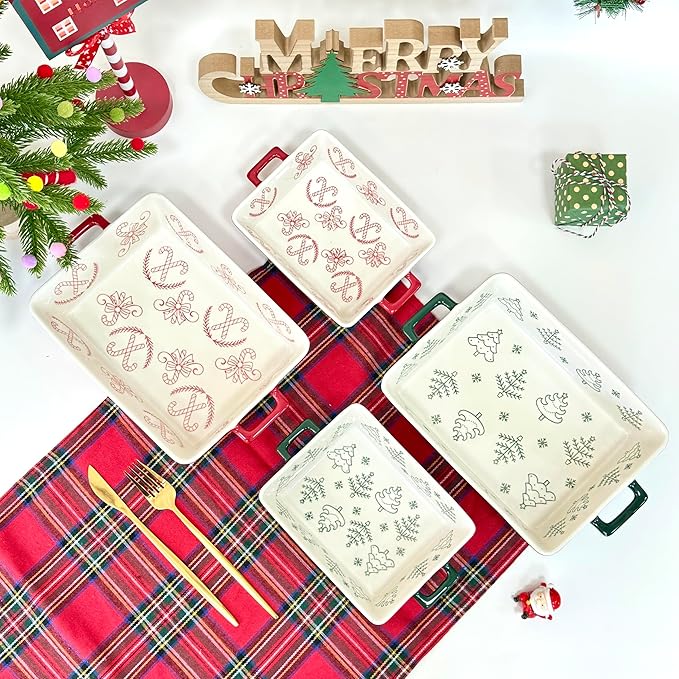 Domini Casserole Dishes for Oven, Ceramic Baking Dishes for Oven Set of 2, Lasagna Pan Deep, Baking Pan Set Square Casserole Dish Set with Handles for Baking, Pattern Green(11.4+8.5inch) Christmas