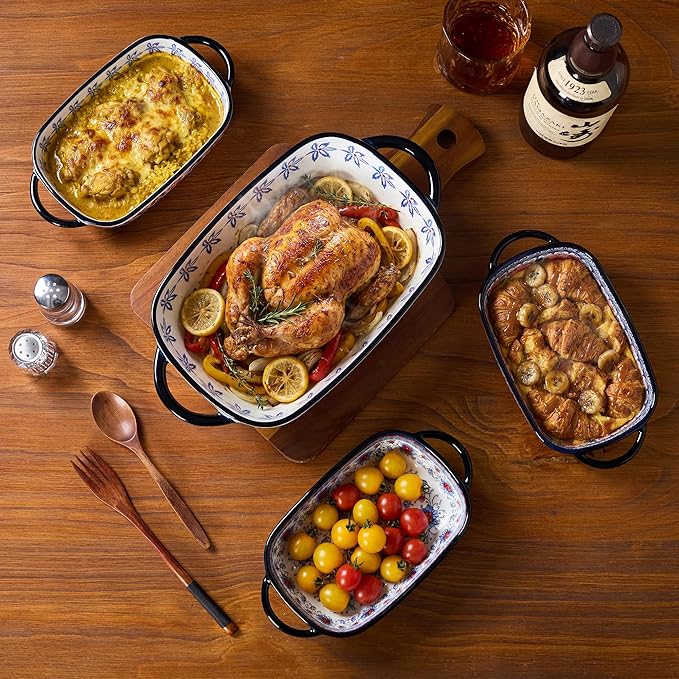 Ceramic Casserole Dishes for Oven, Hand-painted Polish Pottery Baking Dish Set of 2, 0.8QT / 2QT Porcelain Casserole Dish with Handles, Baking Pan Lasagna Pan, Gift for Family/Friend (Yellow)