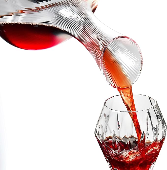 Wine Decanter with Aerator - 750ml Lead-Free Crystal Glass Red Wine Carafe, Hand Blown Vertical Stripe Design & Ergonomic Grip, Elegant Home Bar Decor for Wine Lovers, Wine Accessories (Gift Ready)