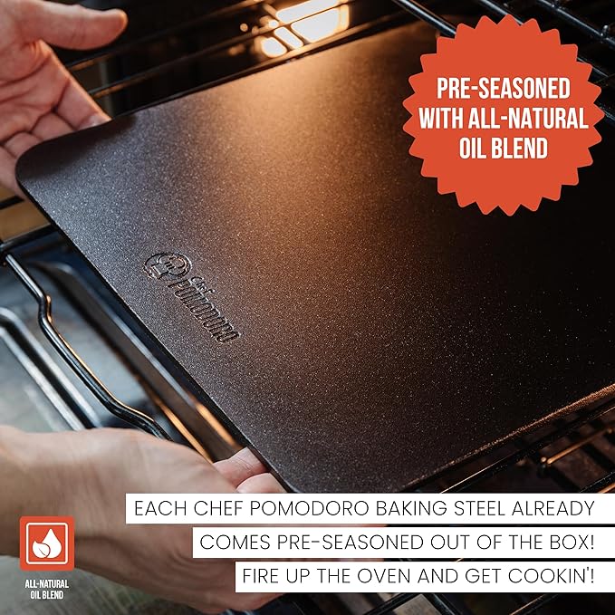 Chef Pomodoro Pizza Steel for Oven 13 Inch 1/4 Inch Thick, Baking Steel for Oven, Grill, Sourdough Bread, Baking Stone for Oven With Lifting Holes 13" X 13" (33.6 x 33.6 cm)