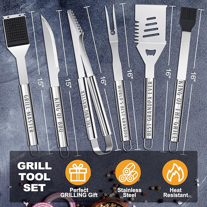 Grandpa Gifts from Grandkids, Grandpa Chritmas Grilling Accessories Gift, Heavy Duty Stainless Steel Grill Set BBQ Grill Tools for Outdoor Grill with Aluminum Case, Grill Utensils Set on Birthday(Bag)