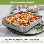 GreenPan Reserve 16" x 13" Tri-Ply Stainless Steel Roasting Pan with Roaster Rack, Multiclad Cookware, Induction Suitable, Gold Stainless Steel Handles, Dishwasher & Oven Safe, Silver