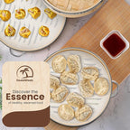 UPGRADED Bamboo Steamer Basket 10-Inch 2-Tier with handle|1x Stainless Steel Ring|2x Chopsticks|50x Perforated Liners|1x Sauce bowl| Easy to clean|Dumpling Steamer Baskets for Cooking Rice & Vegetable (Full Set [10-Inch] with Dumpling Tools)