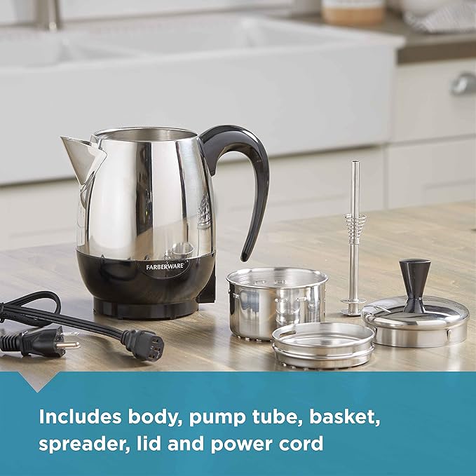 Farberware Electric Coffee Percolator, FCP240, Stainless Steel Basket, Automatic Keep Warm, No-Drip Spout, 4 Cup, Black/Silver
