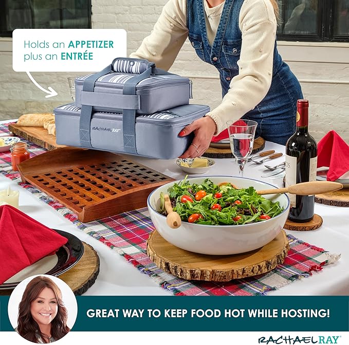 Rachael Ray Lugger Duo, Insulated Casserole Carrier for Hot or Cold Food, Thermal Lasanga Lugger Tote for Potluck, Parties, Picnic, and Cookouts, Fits 9" x 13" Baking Dish, Slate Stripe