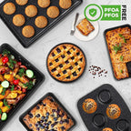 NutriChef 8-Piece Stackable Bakeware Set - Carbon Steel Non-Stick Baking Pan Set, Sheet, Muffin, Round, Loaf, Square Cake & Deep Pans, 450°F Heat Resistant, Standard & Convection Ovens (Black Marble)