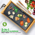 NutriChef 2 In 1 Indoor Grill & Griddle, Smokeless Nonstick Electric Grill and Griddle with Wooden Thong, 250 - 460°F Adjustable Temperature