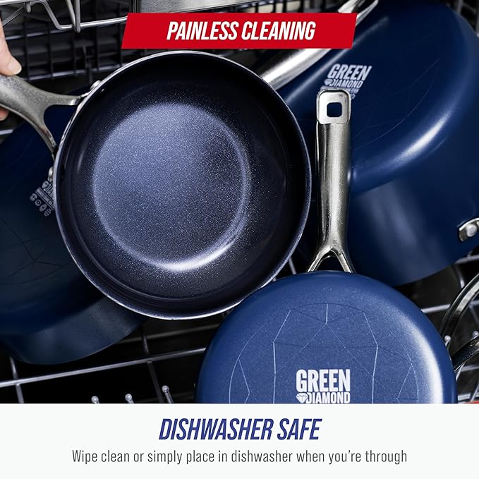 Blue Diamond 20 Piece Nonstick Cookware Set, Diamond Ceramic Pots & Pans, Dishwasher & Metal Utensil Safe, Non Toxic PFAS-Free, Kitchen Cooking Sauce & Saute Pans, Oven & Broiler to 600F, Blue