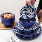 LEHAHA 12 Pieces Modern Porcelain Dinnerware Set，Service for 4, Ceramic Plates and Bowls Sets, Kitchen Dinner, Salad, Dessert Plate and Cereal Bowl Set, Ceramics Dishes Set, Blue and White