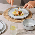 E-far Stoneware Dinnerware Sets for 4, 12 Pieces Reactive Glaze Plates and Bowls Sets, Elegant Dishes with Rustic Terracotta Base, Dishwasher & Microwave Safe, Scratch Resistant, Glacier White