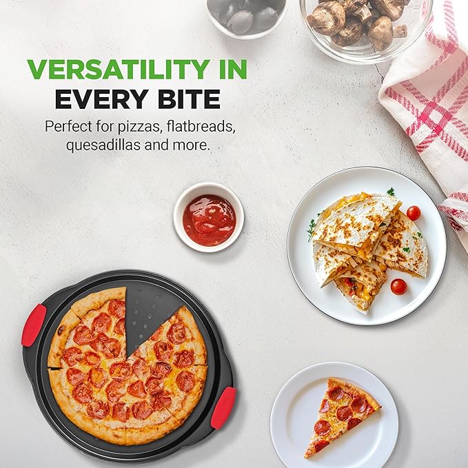 NutriChef 13-Inch Nonstick Pizza Tray - Round Carbon Steel Non-Stick Pizza Pan with Perforated Holes, Premium Bakeware Pizza Screen with Silicone Grip Handles, Dishwasher Safe - NCBPIZ1