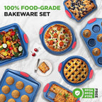 NutriChef 10-Piece Nonstick Bakeware Set - Premium Carbon Steel Baking Pans w/Silicone Handles - Includes Pizza Tray with Holes, 12 & 24 Cup Muffin Pans, Cookie Sheets, Round, Square & Loaf Pan - Blue