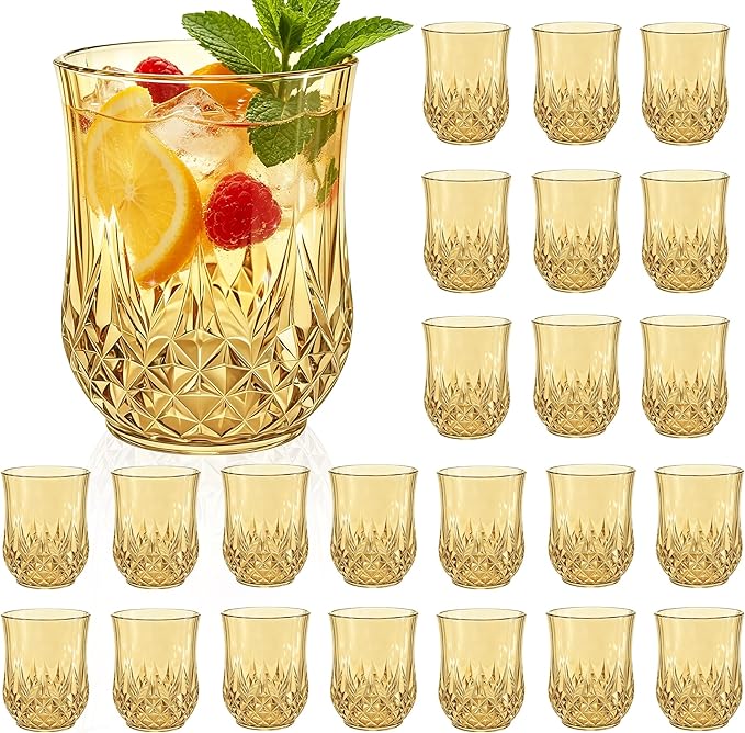 24 Pack Plastic Stemless Wine Glasses,12oz Unbreakable Vintage Elegant Drinking Glass Set,Reusable Fancy Cocktail Cups for Party, Wedding, and Bulk Events (24, 12oz-Gold)