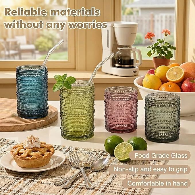 HomeVogue 15oz Colored Hobnail Drinking Glasses with Straws Set of 6, Vintage Glassware Old Fashioned Beverage Glasses, Cocktail Glass Set, Kitchen Water Glasses Cup, for Beer, Smoothie, Juice