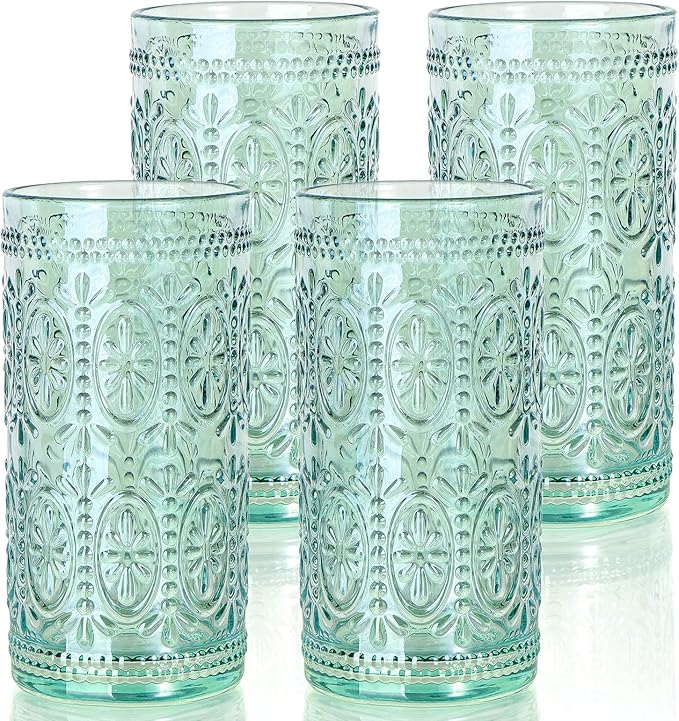 abrwyy Green Drinking Glasses Set of 4, Vintage Drinking Glasses, Colored Glassware Drinking, Highball Beverage Glasses Cup, Vintage Glassware Set for Water, Juice, Cocktail, Coffee