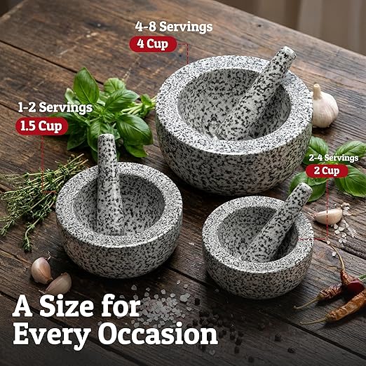 PriorityChef Heavy Duty Natural Granite Mortar and Pestle Set, 4 Cup Carved from Natural Granite, Make Fresh Guacamole, Stone Grinder Bowl, Herb Crusher, Spice Grinder, White
