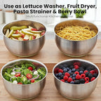 Stainless Steel Salad Spinner Large - Fruit and Vegetable Wash Bowl with Strainer - Lettuce Spinner, Fruit Cleaner, Collapsible Salad Dryer 5.3 Quart Capacity