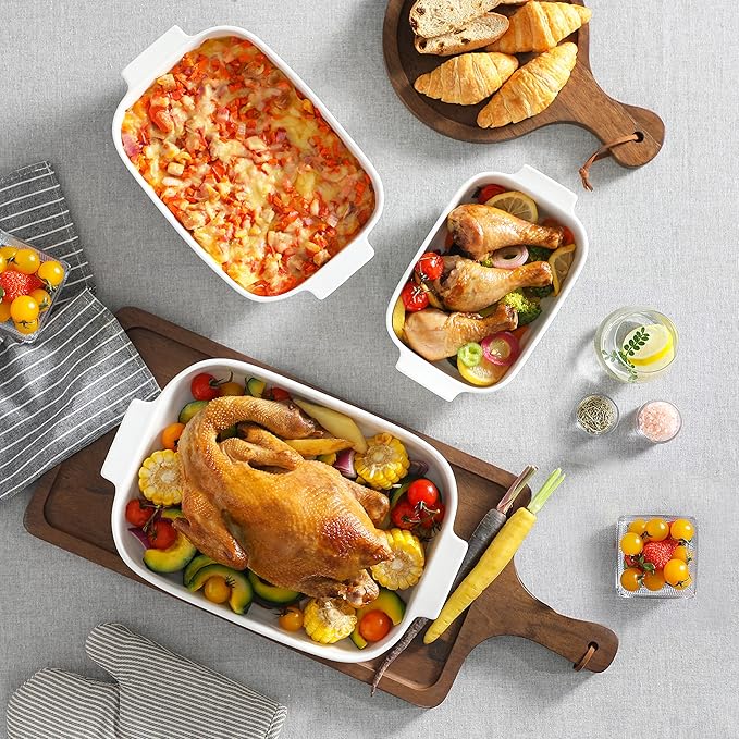 MALACASA Casserole Dishes for Oven, Ceramic Baking Dishes Set of 3, Rectangular Lasagna Pan Deep Baking Pans, Bakeware Sets with Handles Gift Set, White (13.8''/11.7''/9.4''), Series BAKE