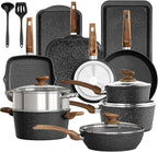 DishDelight 17 Piece Pots and Pans Set Non Stick, Nonstick Induction Granite Kitchen Cookware Set, Non Toxic Cookware Set with Frying Pans and Saucepan, Cooking Sets Pots and Pans, Black