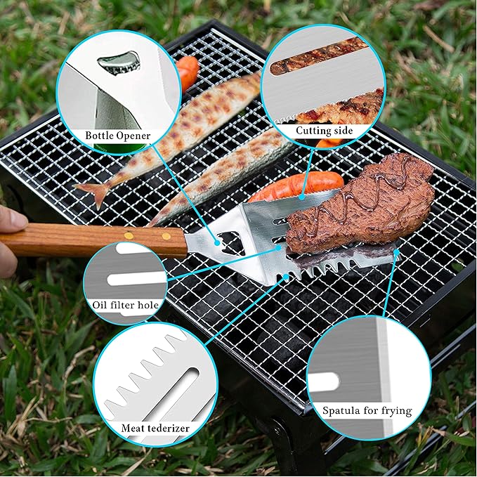 IMAGE Wooded BBQ Accessories Grilling Tools,Stainless Steel BBQ Tools Grill Tools Set for Cooking, Backyard Barbecue & Outdoor Camping Gift for Man Dad Women Barbecue Enthusiasts Set of 4