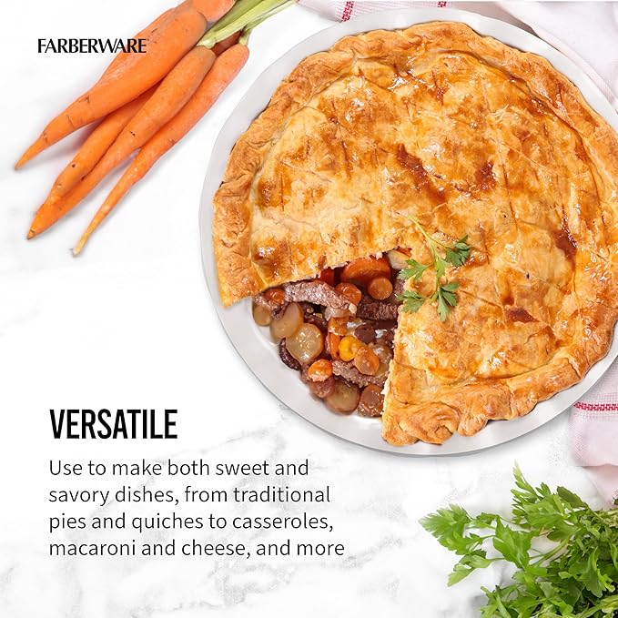 Farberware Bakers Advantage 10 Inch Pie Dish, Stoneware Pie Pan with Scalloped Edge, Two-Tone Teal and Ivory Ceramic Pie Plate for Baking Quiche, Casseroles, and Deep Dish Pies