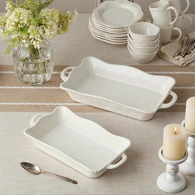 Perlette Cream Large Rectangular Ceramic Baker – 19 x 10 Inch Scalloped Oven-to-Table Stoneware Bakeware with Beaded Rim – Elegant Farmhouse Bake Dish for Lasagna, Casseroles, and Hosting