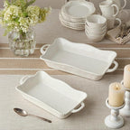 Perlette Cream Large Rectangular Ceramic Baker – 19 x 10 Inch Scalloped Oven-to-Table Stoneware Bakeware with Beaded Rim – Elegant Farmhouse Bake Dish for Lasagna, Casseroles, and Hosting