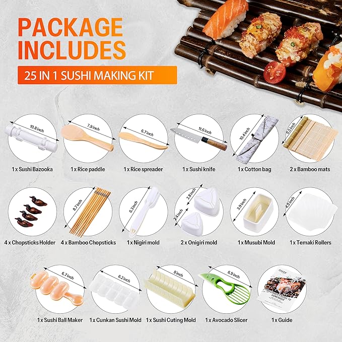 ISSEVE Sushi Making Kit, 25 in 1 Sushi Bazooka Maker with Sushi Molds, Bamboo Mat, Bamboo Chopsticks, Sushi Knife,Nigiri Mold,Onigiri Mold,Musubi mold,DIY Sushi Roller Machine
