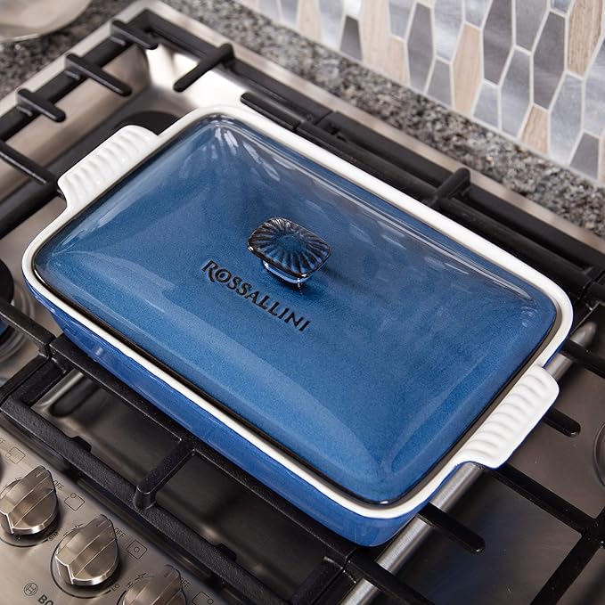 ROSSALLINI Stoneware Casserole Dish Bakeware Set with Lid, Covered Rectangular Dinnerware, Large 3.2 Quart, 11 by 9 Inch, Blu Indaco [Reactive Blue]
