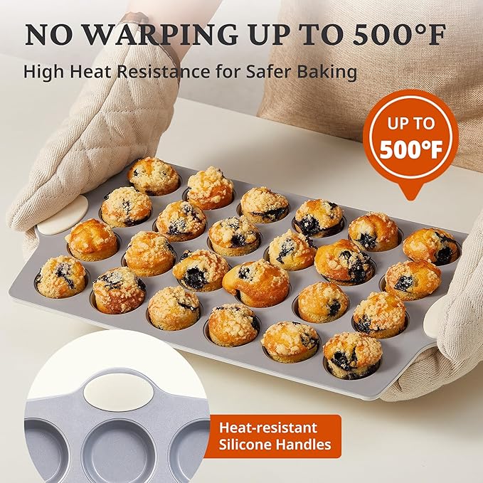 BRONYPRO 24-Cup Non Toxic Nonstick Ceramic Mini Muffin Pan & Cupcake Tin, PFOA & PFOA Free, Heavy Duty Rust-Resistant Aluminized Steel, Oven & Dishwasher Safe, Cream White