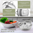 E-far 6QT Stainless Steel Colander with Handle - Square Metal Kitchen Strainer for Pasta & Vegetable Draining, Micro-Perforated & Elevated Feet, Dishwasher Safe