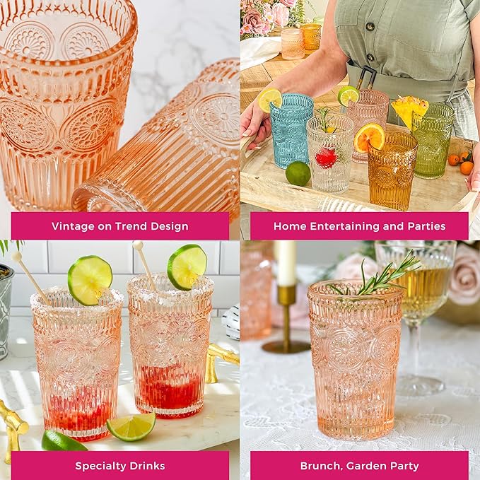 Kate Aspen Vintage Textured Rose Gold Striped Drinking Glasses Set of 6, (13 oz) Ribbed Glassware Set | Cocktail Set, Ice Tea Glasses, Juice Glass, Water Cups