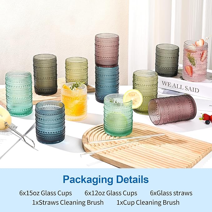KMIGRUAN Colored Hobnail Drinking Glasses Set of 12, 15oz&12oz Kitchen Vintage Glassware, Embossed Beaded Water Tumbler for Cocktail, Juice and Various Mixed Drinks Dishwasher-Safe