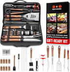 SpartaSake (24-Pack) Premium Stainless Steel BBQ Grilling Accessories with Wood Handles - Barbecue Gill Accessories Set for Blackstone Griddle - Outdoor Camping Grill Set for BBQ for Dad Men Women