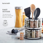 Kamenstein 20 Jar Revolving Spice Rack with Integrated Tool Caddy, Brushed Stainless Steel with Stainless Steel Caps