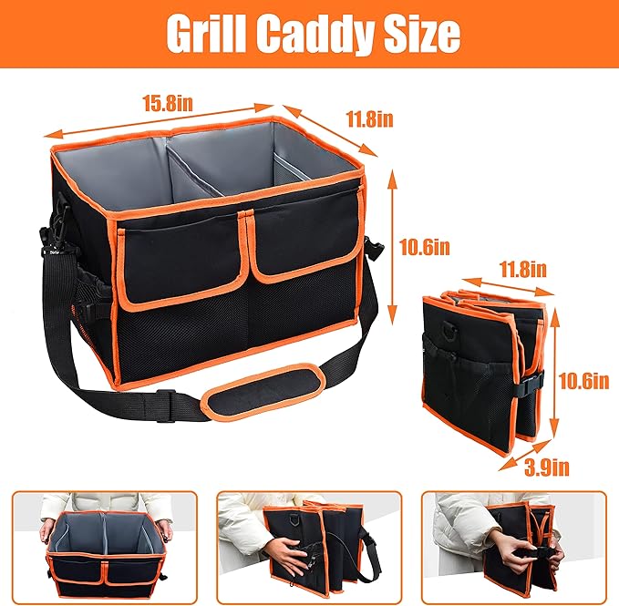Large Grill Caddy with Paper Towel Holder - BBQ Caddy Organizer for Utensil, Condiment - Easy Carry Picnic Caddy - Griddle Caddy for Camping, Travel, RV - 600D Waterproof Oxford Fabric