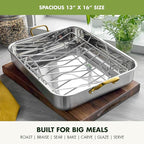 GreenPan Reserve 16" x 13" Tri-Ply Stainless Steel Roasting Pan with Roaster Rack, Multiclad Cookware, Induction Suitable, Gold Stainless Steel Handles, Dishwasher & Oven Safe, Silver