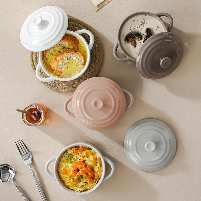 MALACASA Mini Cocotte Set - 12 OZ Small Casserole Dishes for Oven with Lids and Handles, Ramekins Oven Safe, Ceramic Mini Dutch Oven Set of 4, Microwave & Dishwasher Safe, Multicolor, Series TARA