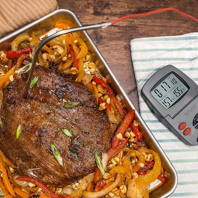 Taylor Programmable with Timer Instant Read Wired Probe Digital, Meat, Food, Grill BBQ Cooking Kitchen Thermometer with Timer, Gray