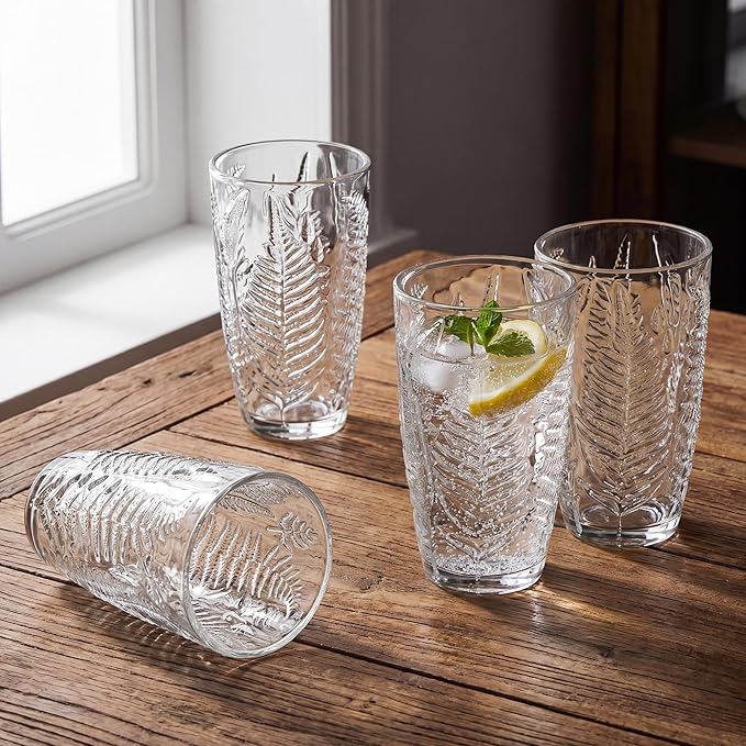 Vintage Drinking Glasses Set of 4, 16 oz Hand-Pressed Clear Glass Tumblers, Fern Embossed Retro Glassware, Textured Cups for Water, Cocktails & Beer, Decorative Kitchen Drinkware, Unique Boho Gift Set