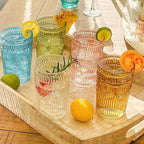 Kate Aspen Vintage Textured Rose Gold Striped Drinking Glasses Set of 6, (13 oz) Ribbed Glassware Set | Cocktail Set, Ice Tea Glasses, Juice Glass, Water Cups