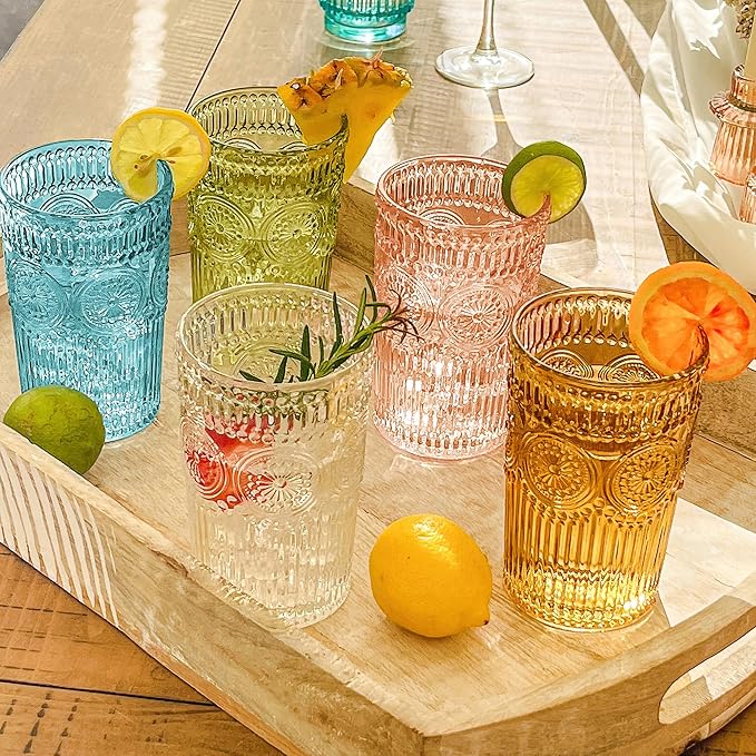 Kate Aspen Vintage Textured Rose Gold Striped Drinking Glasses Set of 6, (13 oz) Ribbed Glassware Set | Cocktail Set, Ice Tea Glasses, Juice Glass, Water Cups