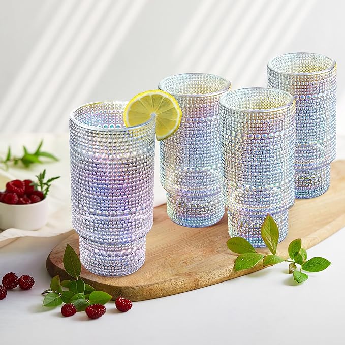 Joeyan Iridescent Drinking Glasses,Vintage Embossed Stacking Water Tumblers Romantic,Clear Hobnail Rainbow Glassware Set,Beaded Highball for Juice Beverages Coffee Tea Cocktail,10 oz,Set of 4