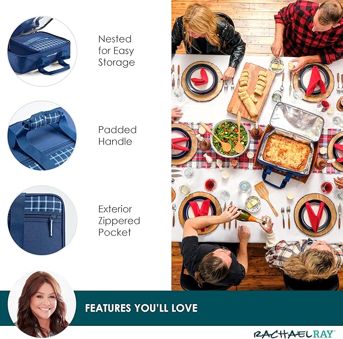 Rachael Ray Lugger Duo, Insulated Casserole Carrier for Hot or Cold Food, Thermal Lasanga Lugger Tote for Potluck, Parties, Picnic, and Cookouts, Fits 9" x 13" Baking Dish, Navy Gingham