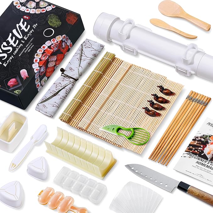 ISSEVE Sushi Making Kit, 25 in 1 Sushi Bazooka Maker with Sushi Molds, Bamboo Mat, Bamboo Chopsticks, Sushi Knife,Nigiri Mold,Onigiri Mold,Musubi mold,DIY Sushi Roller Machine